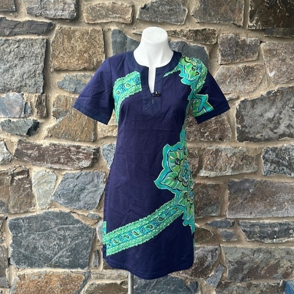 Lilly Pulitzer Paisley Print Short Sleeve Shift Dress in Navy Blue/Green Size 4 - Picture 1 of 7
